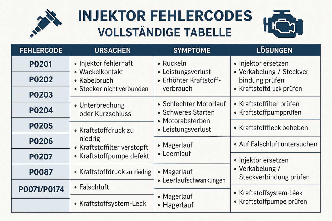 Injektor Fehlercodes: Vollständige Tabelle mit Ursachen, Symptomen und Lösungen