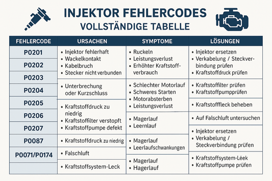 Injektor Fehlercodes: Vollständige Tabelle mit Ursachen, Symptomen und Lösungen