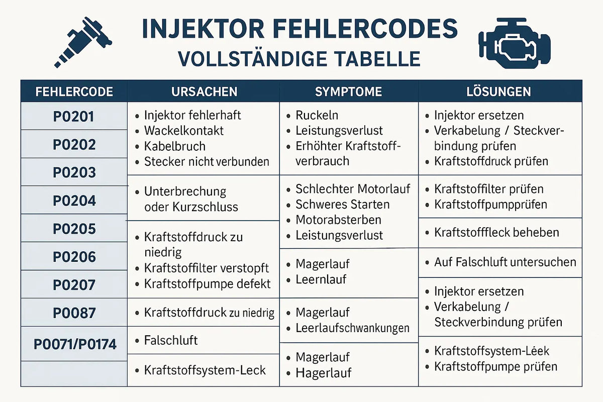 Injektor Fehlercodes: Vollständige Tabelle mit Ursachen, Symptomen und Lösungen InjektorDepot24